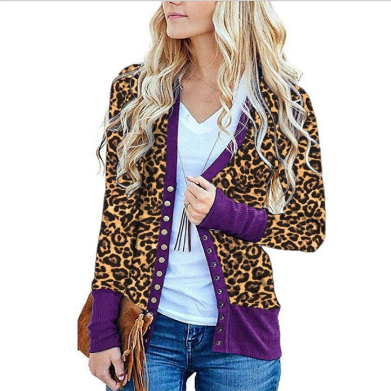 

Women Leopard Print Long Sleeve Cardigan V-Neck Single Breasted Button Down Slim Fit Knitwear Coat Autumn Color Block Tops M7DD