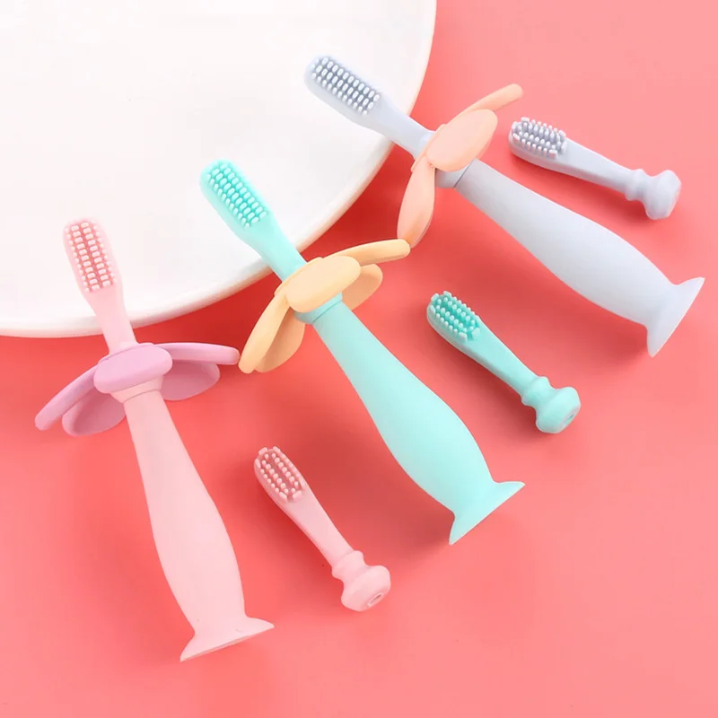 Cepillos de dientes de silicona con dise&ntilde;o de flor de dibujos animados para beb&eacute;, cepillo de dientes de silicona para prevenir la boca profunda, suministros de limpieza bucal para ni&ntilde;os-0