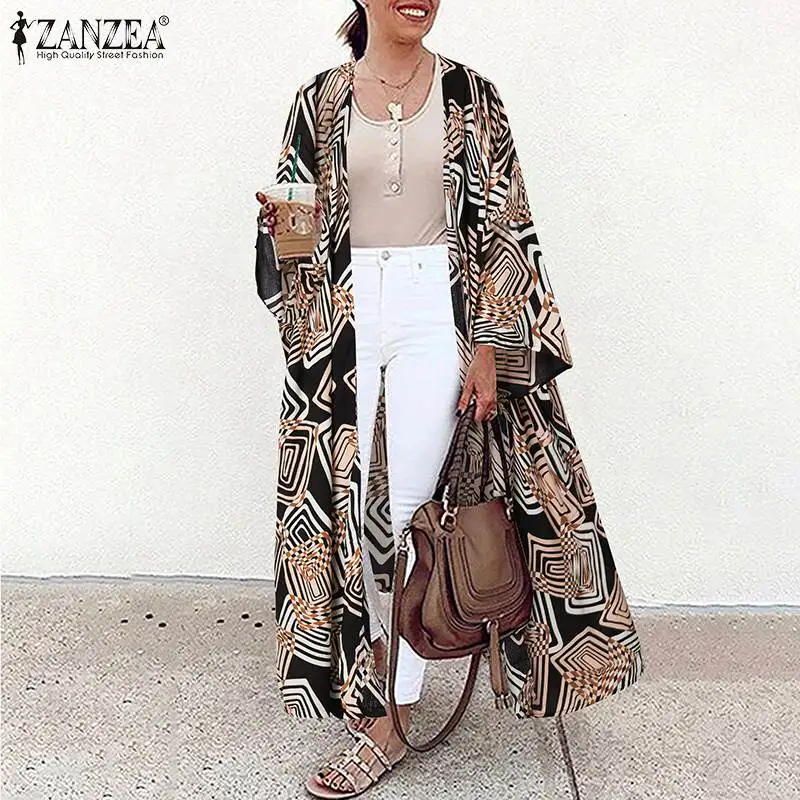 

ZANZEA Autumn Casual Open Front Shirt Long Sleeve Blouse Summer Bohemian Blusa Cardigan Women Elegant Floral Printed Long Kimono