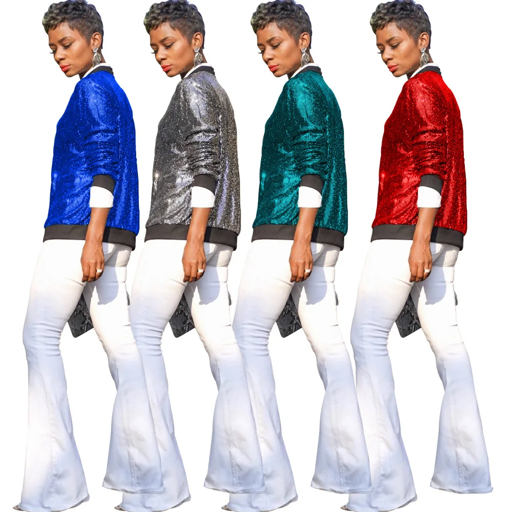 Куртка бомбер женская демисезонная с блестками на молнии длинным