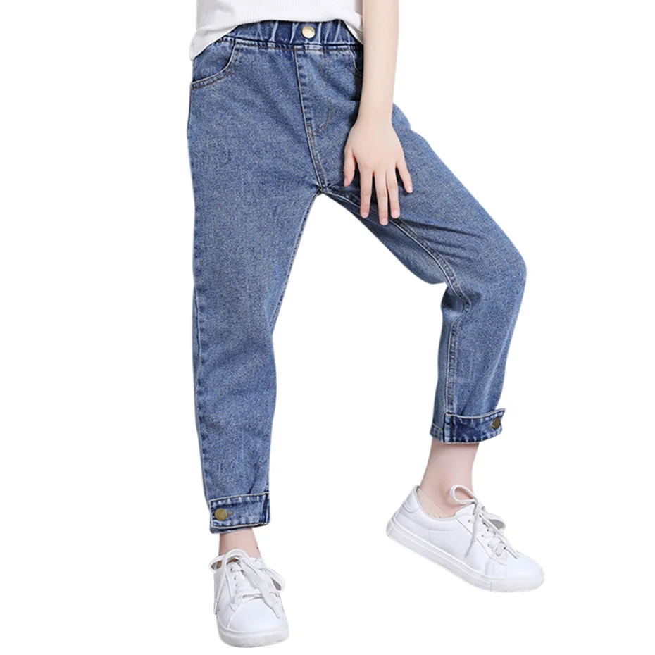 Новые джинсы для девочек детские в стиле пэчворк с эластичным поясом осенняя