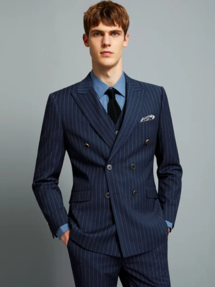 

Men's Striped Suit Classic Navy Blue Formal Business Wedding Suit Double Breasted Groom Prom Fashion Casual Slim 2PC Blazer Pant