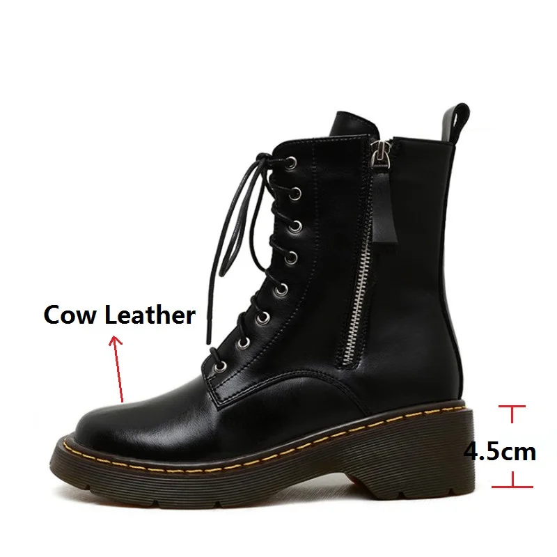 

LeShion Of Chanmeb Brand Genuine Cow Leather Martin Boots Women Round Toe Platform Zipper Cross Tie Winter Wool Snow Boots Woman
