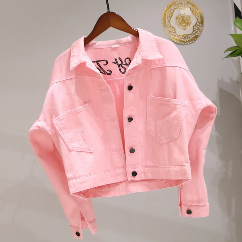 Весна-Осень 2020 Женские Модные фиолетовые розовые джинсовые куртки с вышитыми