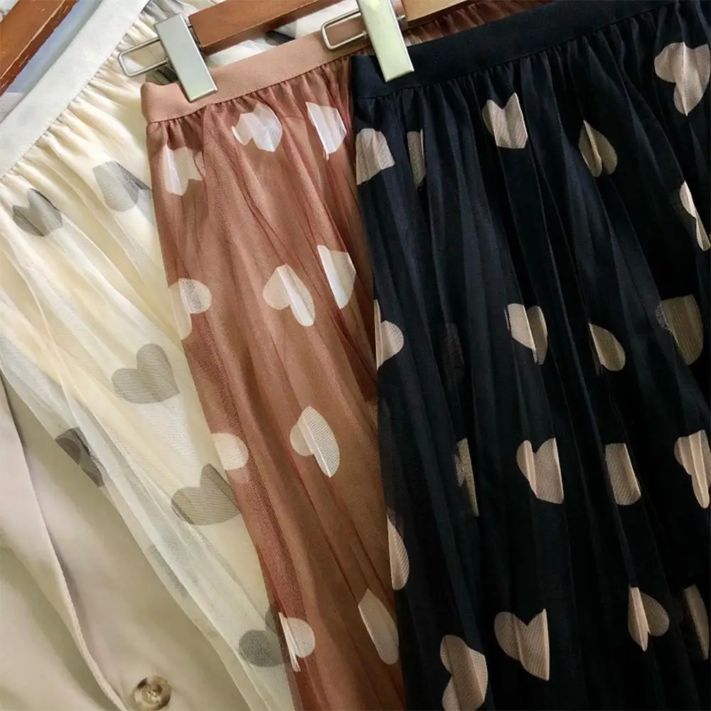 

SISHION Hearts Printed Long Skirt VD1948 High Waist Black Coffee Apricot Pretty Mesh Skirt