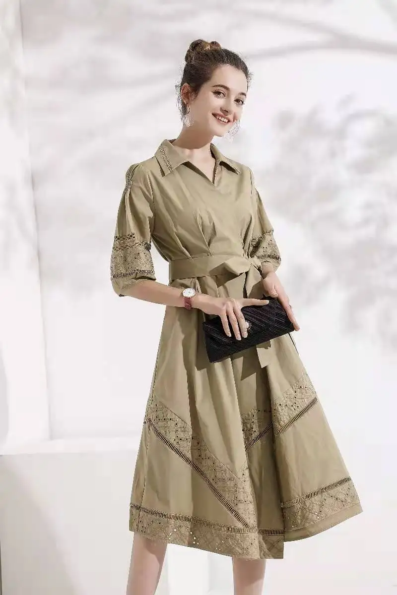 

Dress 2021 100%Cotton Spring Fashion Style Women V-Neck Hollow Out Embroidery Puff Sleeve Large Swing Khaki Green Black Dress