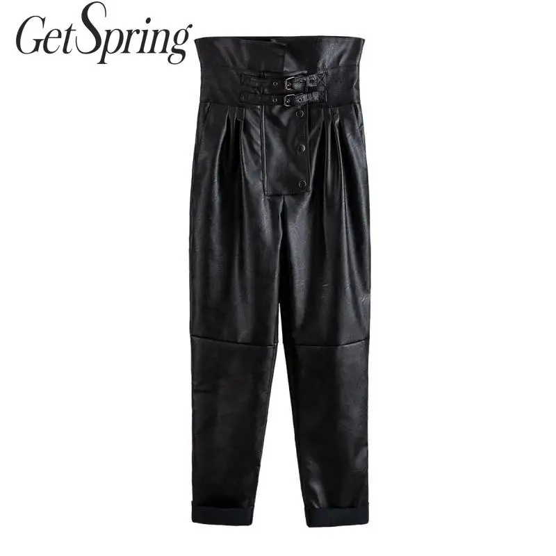 Женские брюки с высокой талией GetSpring винтажные из искусственной кожи поясом