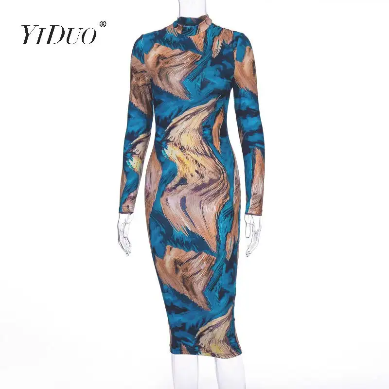 YiDuo вечерние платья Tie Dye, женское платье миди с круглым вырезом и длинным рукавом, осень 2019, женское облегающее винтажное офисное платье OL от AliExpress WW