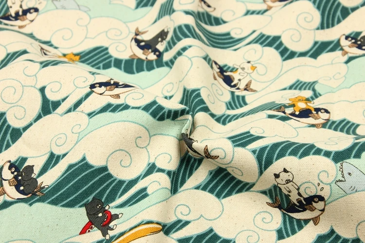 Japan Syle Cotton Fabric for Cushion Cover/Table Cloth Ocean Wave Kitten Prints DIY Handbag/Dress Sewing | Дом и сад