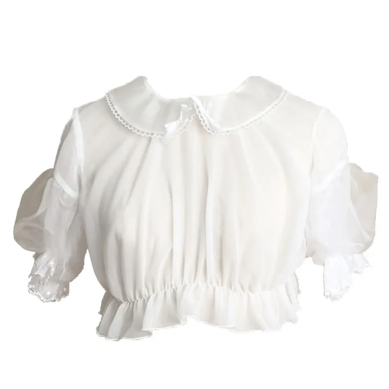 

Summer lolita blouse vintage lace bowknot peter pan collar crop top kawaii shirt puff sleeve victorian shirt gothic lolita top