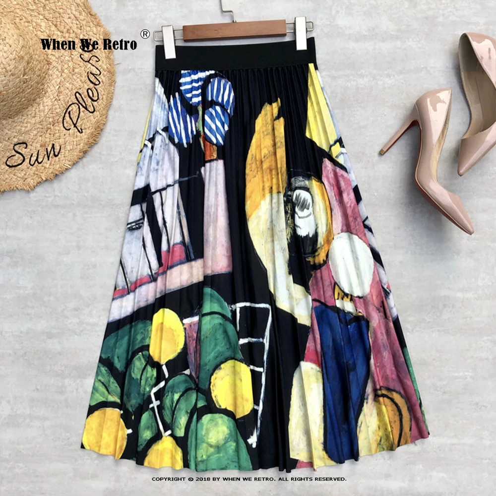 Женская плиссированная юбка средней длины длинная VD2733 с высокой талией и принтом