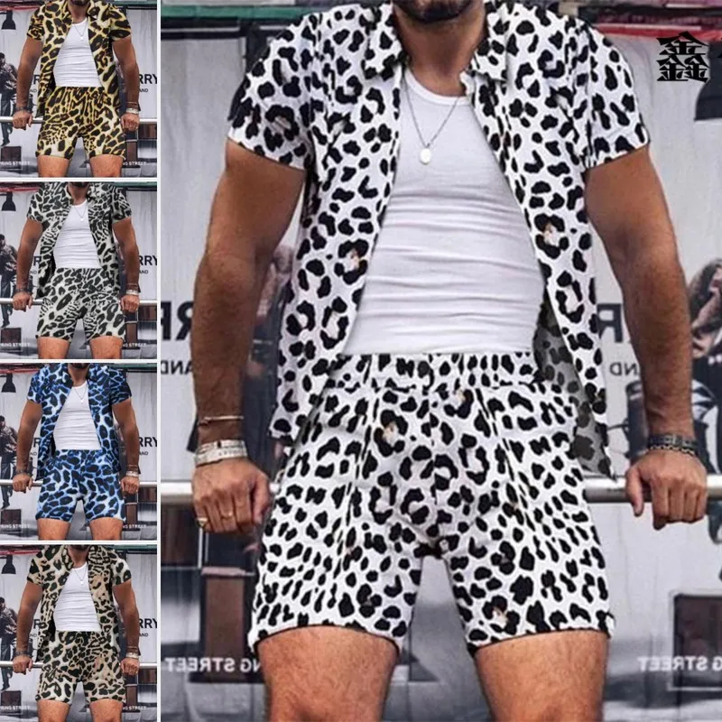 

New Casual Leopard Print Outfits for Men 2021 Summer Two Piece Sets Fashion Short Sleeve Lapel Shirts and Shorts Suits Men's Set