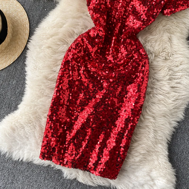 

2021 Women Sequin Party Dress Summer Sexy V Neck Short Sleeve Pencil Dresses Korean Solid Slim Short Dress