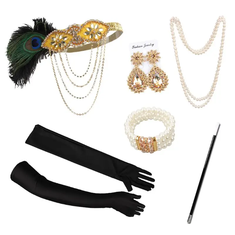 

6Pcs/Set Flapper Set Headband Earrings Necklace Bracelet Gloves Cigarette Holder for Masquerade Party Costume Hair Accessories