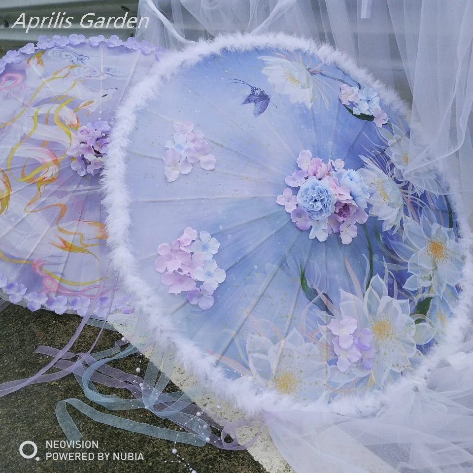 82CM Перо Бисер Зонтик Цветок Подвеска Ленты Парасоль Лолита Кружево Танцы Украшение Фотография Свадьба Ханфу Ремесло.