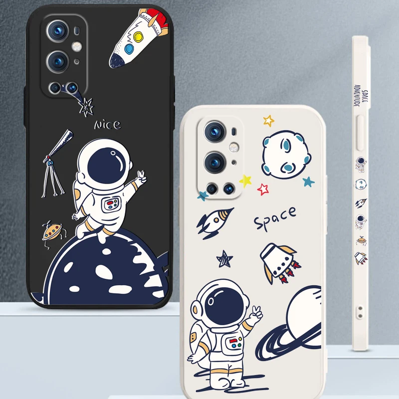 

Cartoon Astronaut Phone Case for Oneplus 9 Pro Case Liquid Silicone Side Print Cover for Oneplus 8 8pro 9 9R Straight Edge Funda