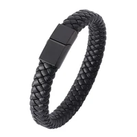 fashion braided leather bracelet for men stainless steel magnet clasp bangle male wristband punk rock hand jewelry gift ps740