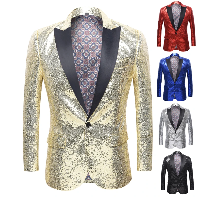 Shiny Gold Sequin Glitter Embellished Blazer Jacket Men Nightclub Prom Suit Blazer Men Costume Homme Stage Clothes For singers shiny gold sequin glitter embellished blazer jacket men nightclub prom suit blazer men costume homme stage clothes for singers