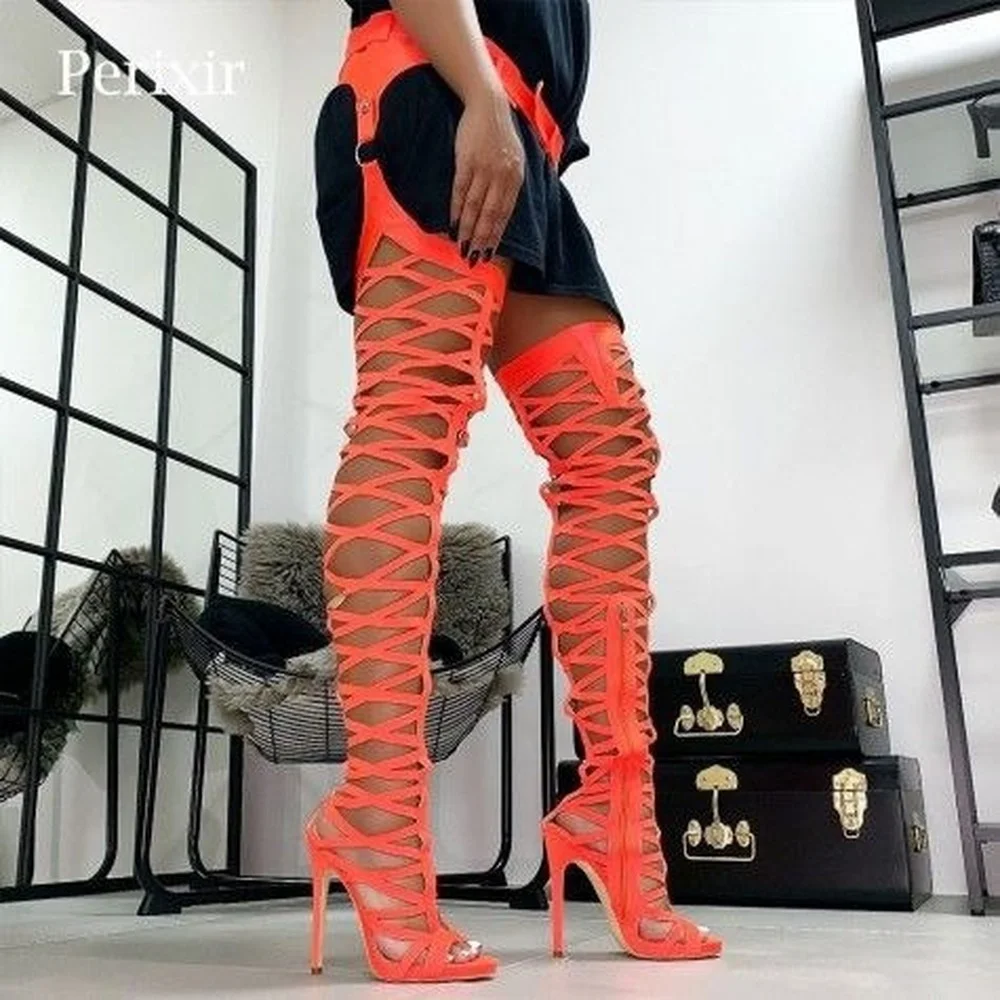 

OEING Ladies High Heels Hollow Out Thigh High Boots Open Toe Strappy Sandals Clubwear Womens Gladiator 5Colors Size2022