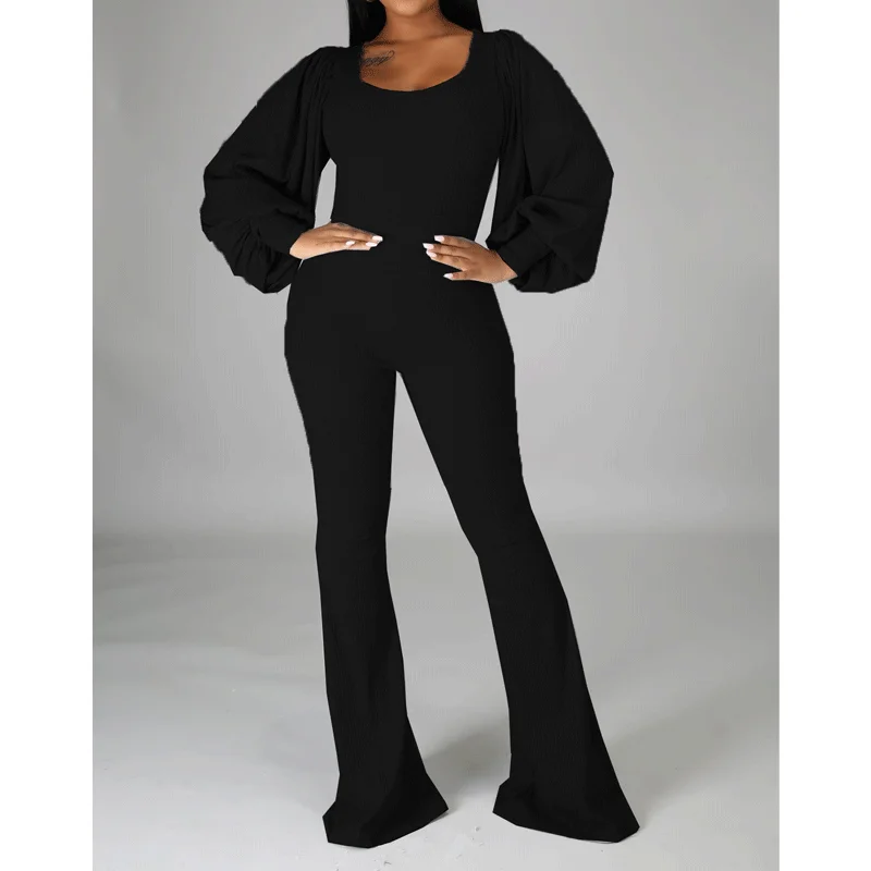 

One piece women's clothing autumn and winter fashion leisure strip round neck solid color one-piece pants