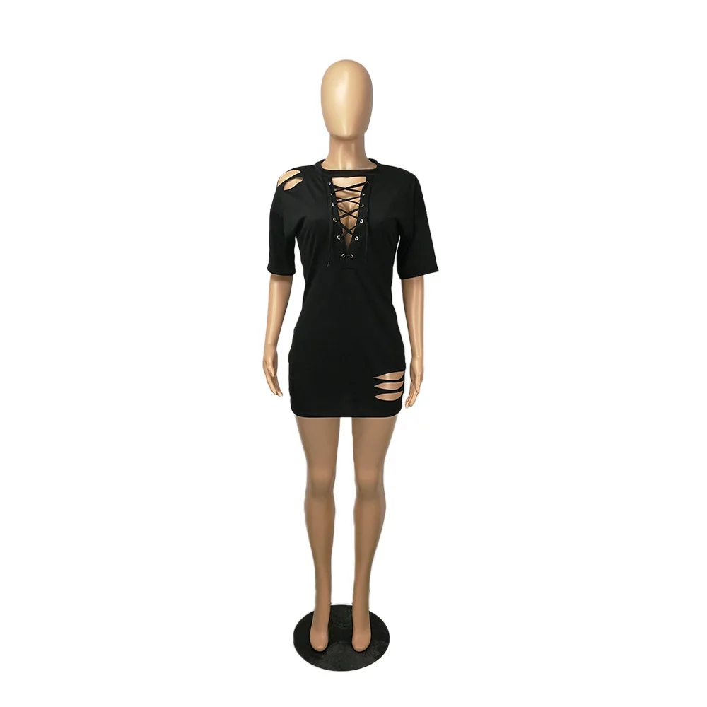 

Cross Lace Up Hollow Casual T Shirt Dress 2021 Women Deep V Neck Short Sleeve Black Mini Dress Streetwear Hole Party Club Dress