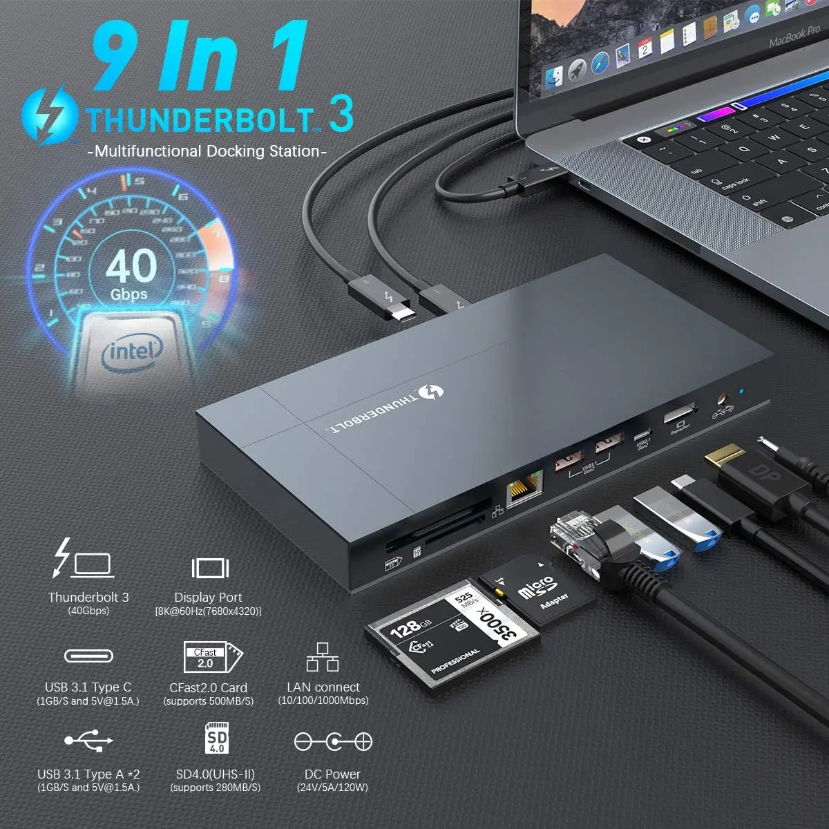 

Custom 8K Display Gigabit Ethernet Thunderbolt 3 Dock 40Gbps Thunderbolt 3 9In 1 USB C HUB Laptop Docking Station