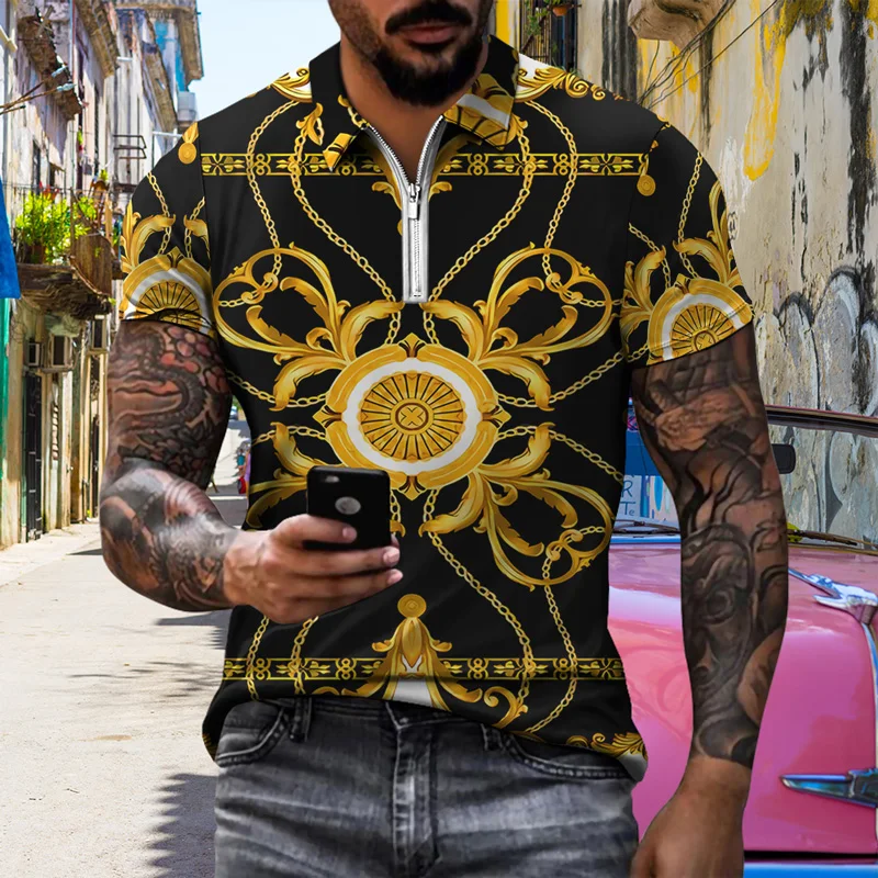 

2021 Summer Mens Casual Breathable Polo Shirt 3D Red Pattern Printed sports Turn Down Collar zipper Short Sleeve Male Sportswear