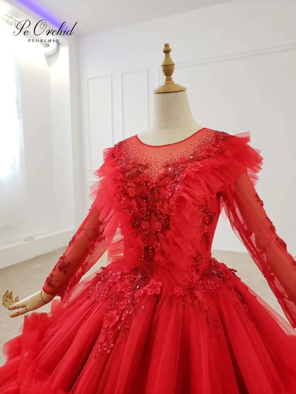 PEORCHID Red Ball Gown Bridal Dress Long Sleeve 2020 Vestidos Casamento Princess African Beaded flower floral Wedding Dress
