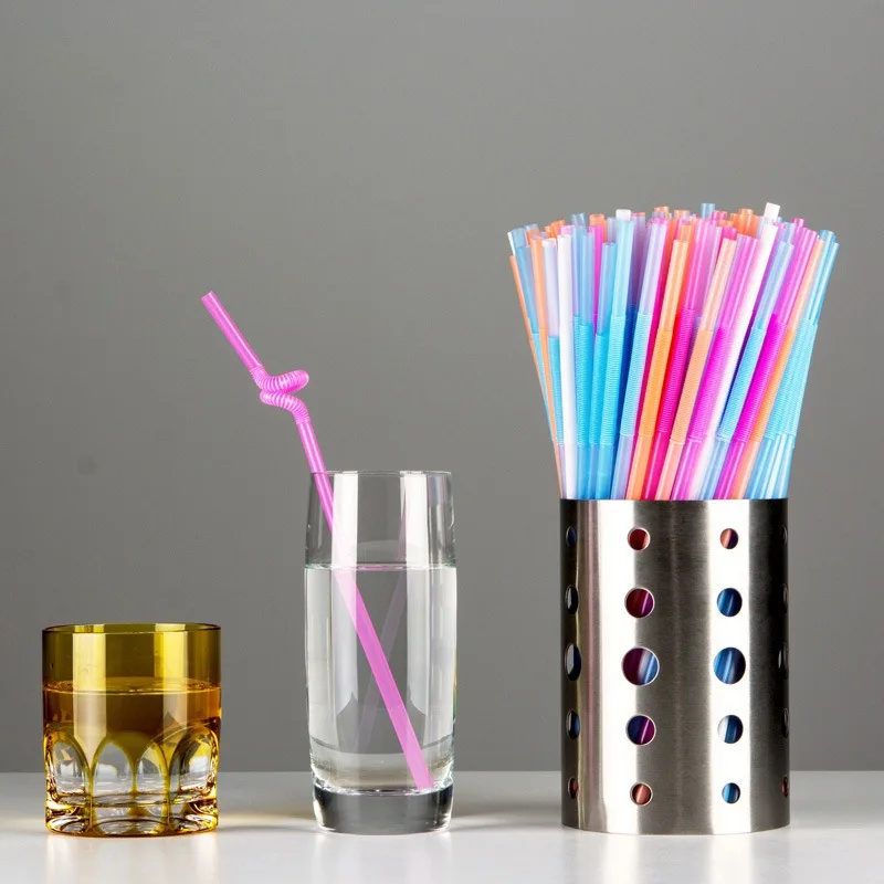 Изогнутые разноцветные пластиковые флуоресцентные соломинки для напитков 100 шт.
