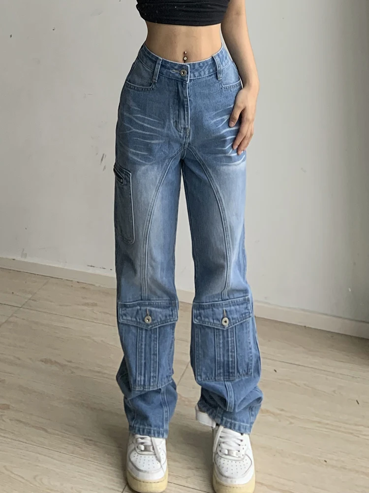 

Модные корейские Женские джинсы-карго HEYounGIRL с высокой талией, повседневные уличные джинсовые брюки, милые джинсовые брюки, одежда в стиле Х...