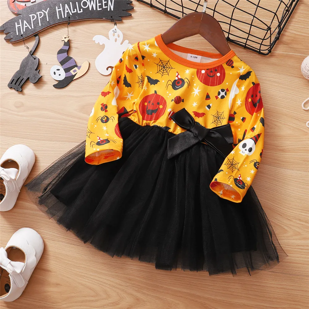 

Prowow Baby Halloween Dress Patchwork Kids Toddler Baby Girls Clothes Pumpkin Baby Lace Dresses Long Sleeve Children's Clothing