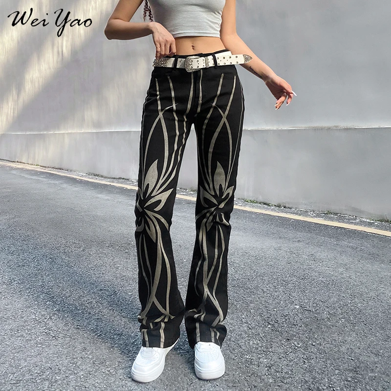 

WeiYao Goth Print Grunge Y2K Jeans Vintage 90s Aesthetic Low Waist Flared Streetwear Pants Women Preppy Style Denim Trousers
