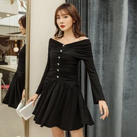 yigelila autumn new arrivals black slash neck single breasted short dress a line solid flare sleeves with button dress 65412