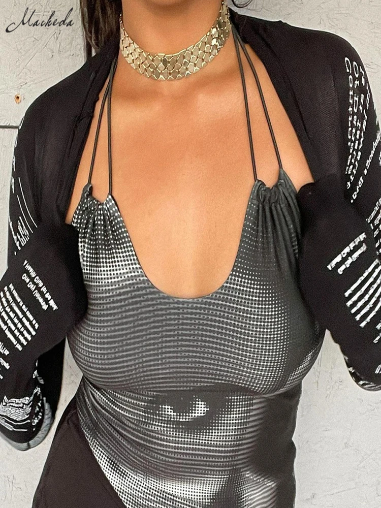 

Macheda Autumn new neck strap with long sleeves over women's casual two-piece jacket T-shirt letter print fashion trend suit