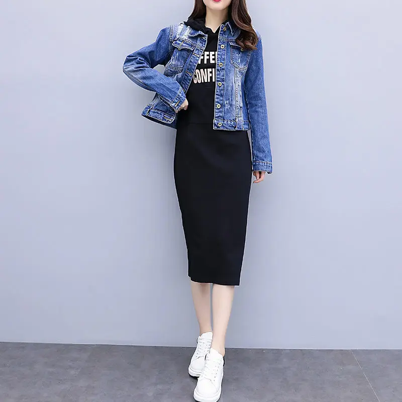 Женский джинсовый костюм с кофтой и длинным рукавом повседневный спортивный из