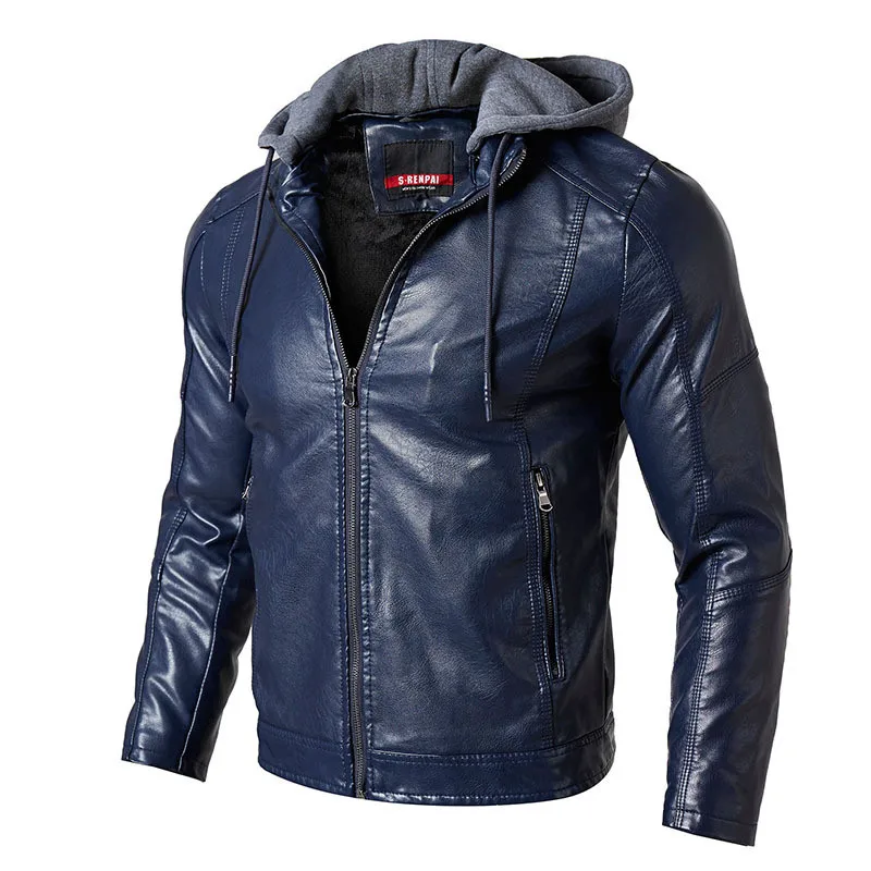 

New Brand Winter Leather Jacket Men Fashion Hooded Collar Fleece Warm Liner Windbreaker Leather Coat Men M-XXL Motorcycle Coat