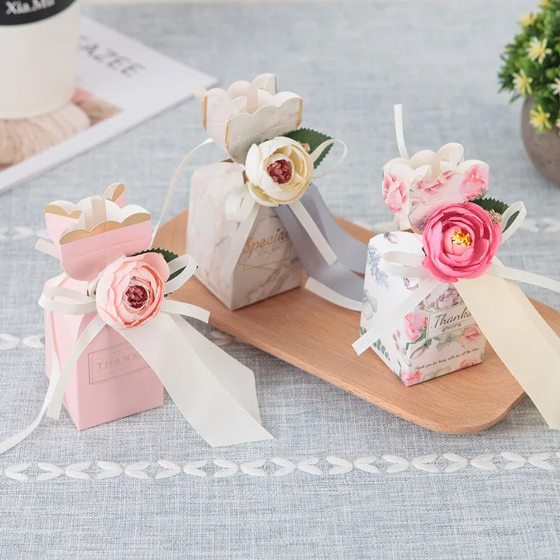 

Sweet Gift Bags with Flower 50pcs Marble Wedding Favor Candy Dragee Box Wedding Baby Shower Birthday Guests Event Party Supplies