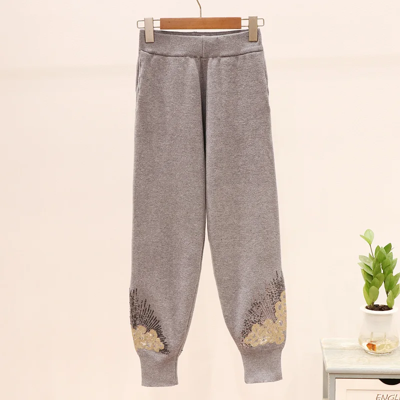 Комплект женских блестки с длинным рукавом вязаный свитер брюки Женский