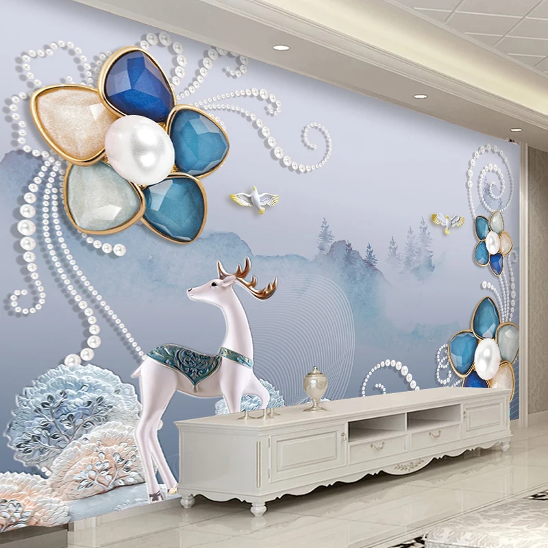 

На заказ любой шелковая ткань росписи синего цвета ювелирные изделия из жемчуга в виде снежинок и оленей 3d декоративные наклейки на стену д...