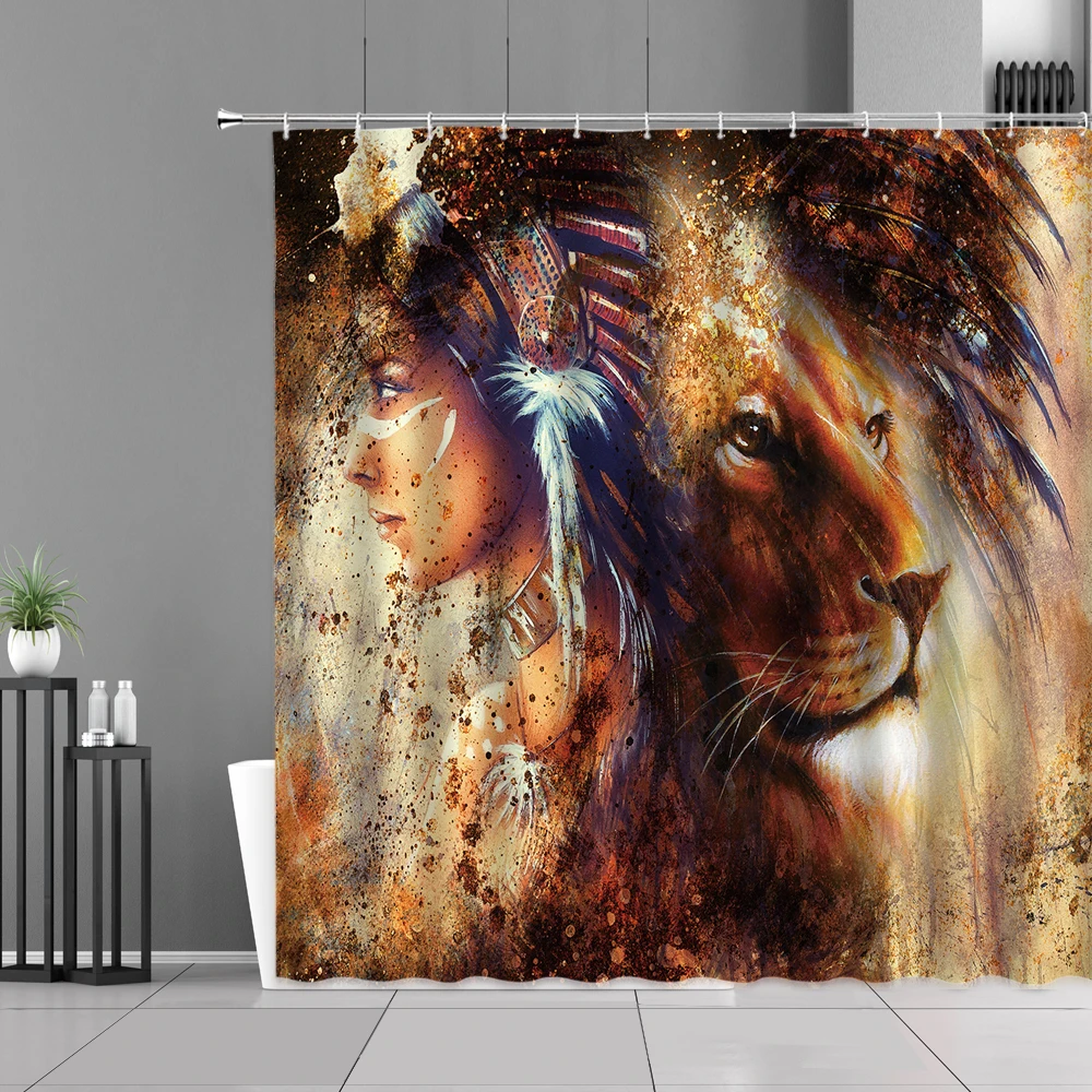 

Занавеска для душа Lndian в этническом стиле, s-образная женская, чудовище, Лев, декоративная подвесная Водонепроницаемая шторка для ванной ком...