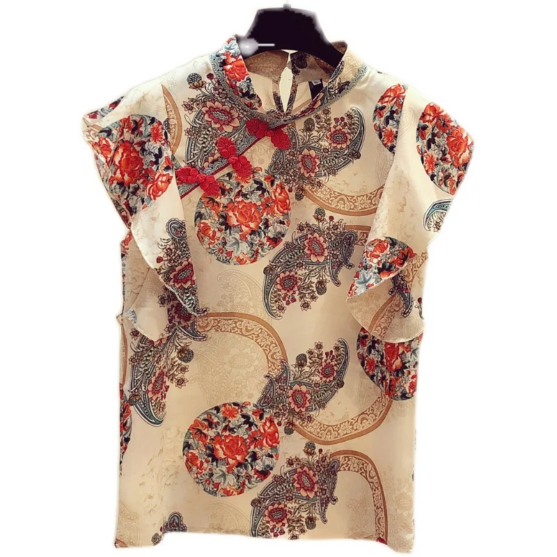 

Vintage Printed Chiffon Women Blouse Summer New Turtleneck Short-Sleeved Slim Lady Elegant Pulls Tops