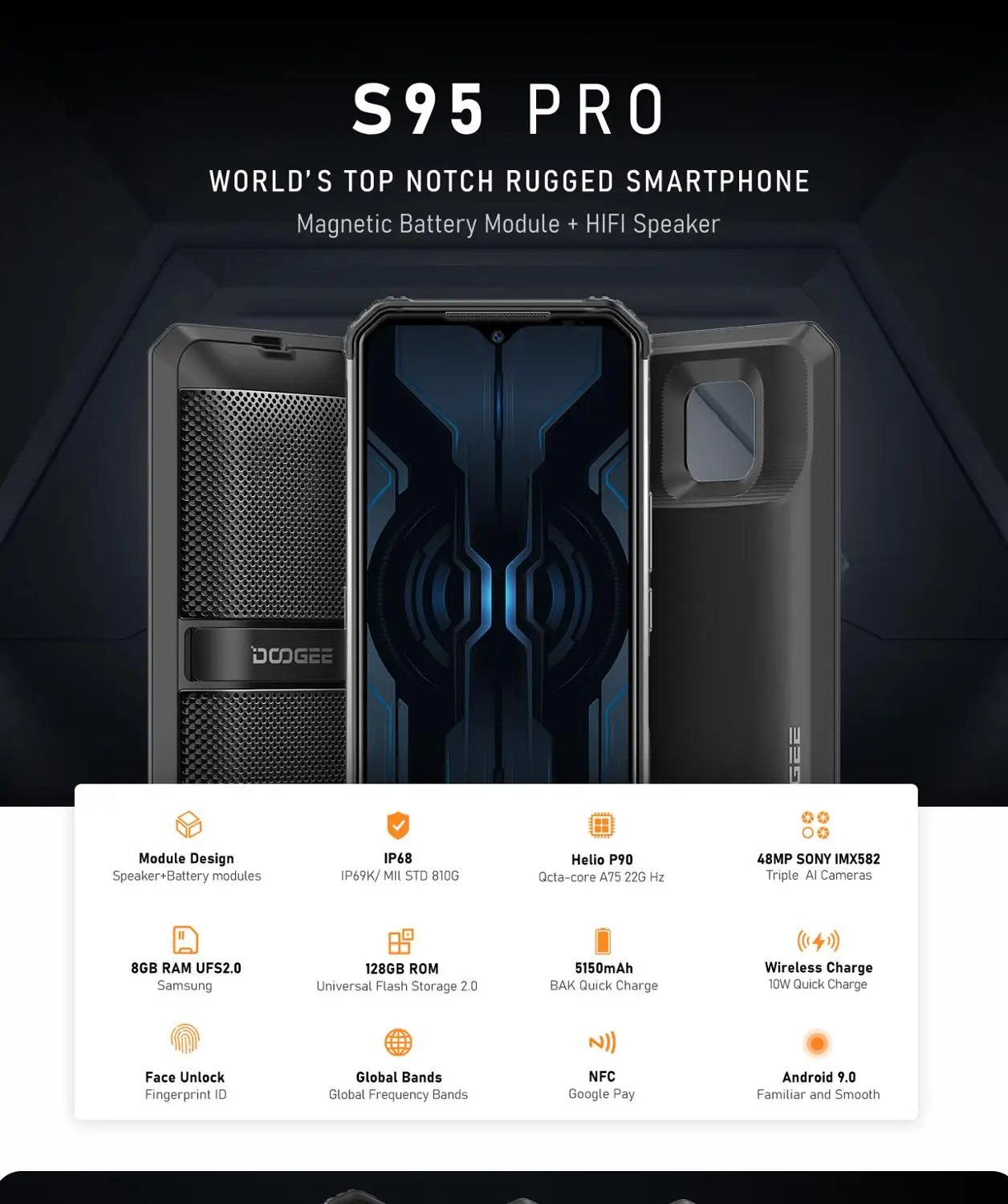 Модульный усиленный телефон DOOGEE S95 Pro IP68/IP69K 6 3 дюйма Восьмиядерный Helio P90 8 Гб 128 ГБ