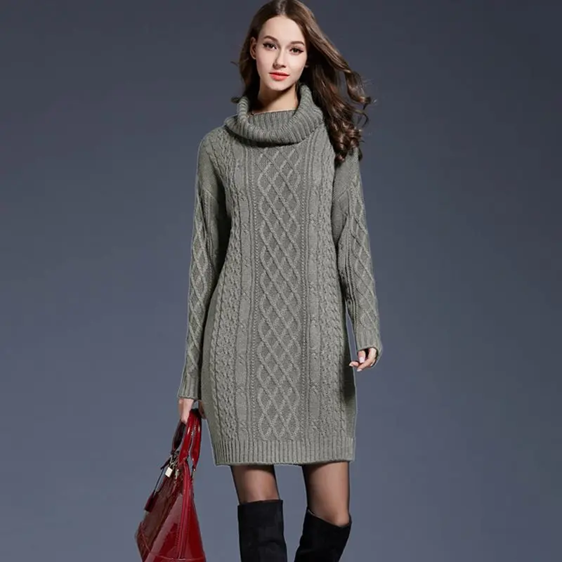 Винтажная водолазка длинный вязаный женский пуловер платье свитер ретро осень