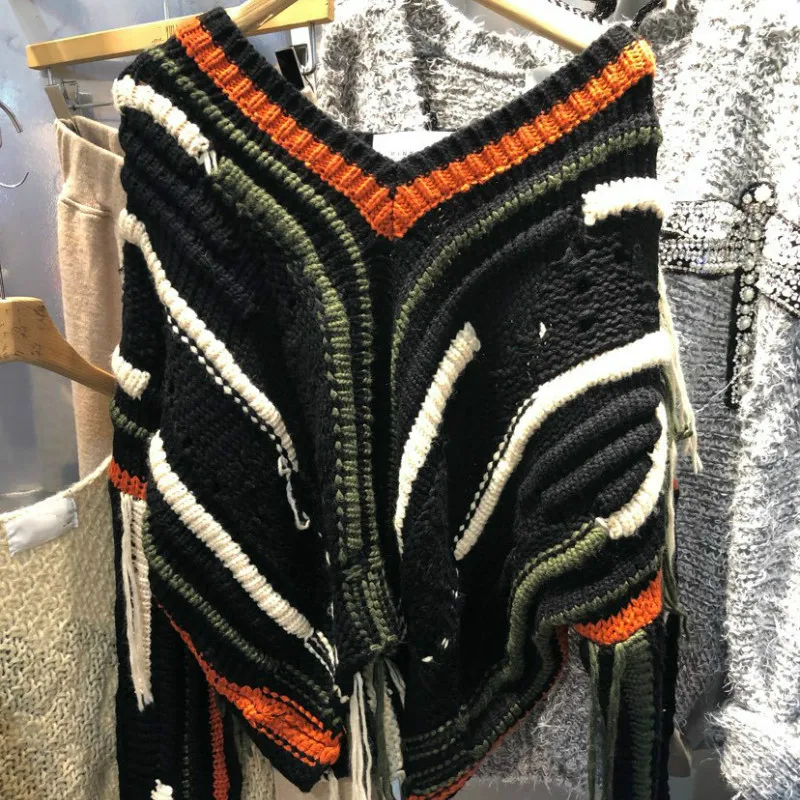 Neploe, корейский дизайн, v-образный вырез, пэчворк, толстый, Pull Femme, Elagant, вязаный свитер с кисточками, женский осенне-зимний пуловер, 46473