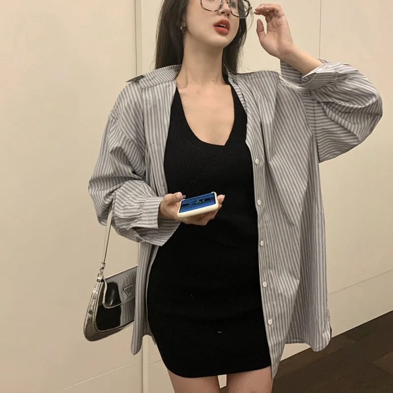 

IEQJ Women casual striped Off Shoulder Long Sleeve Mid-length Striped Blouse New Lapel Loose Shirt Fashion Summer 2021 3F0340