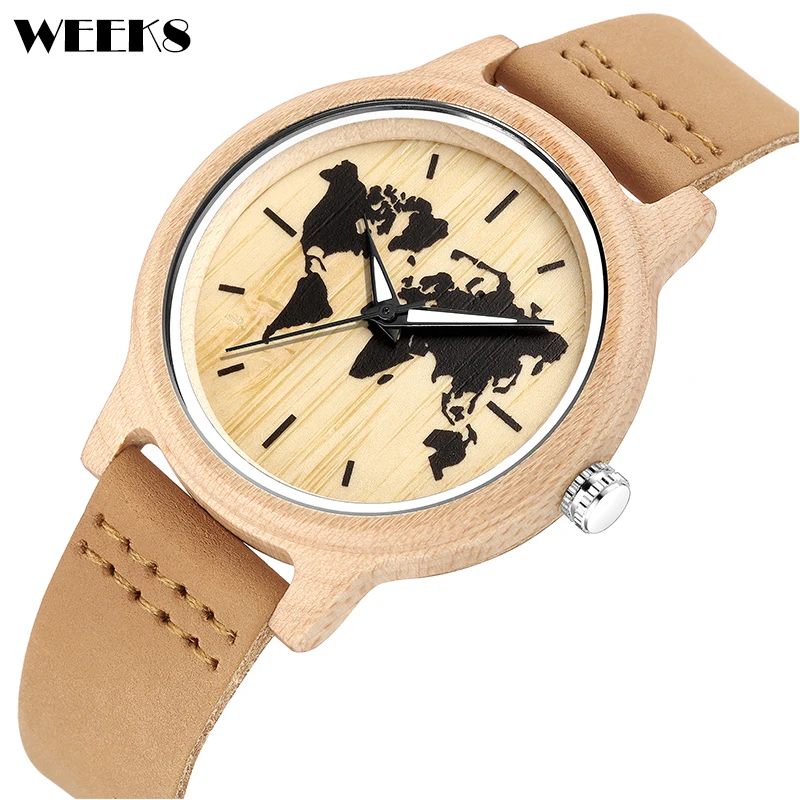 

Часы мужские кварцевые деревянные с кожаным ремешком и картой мира