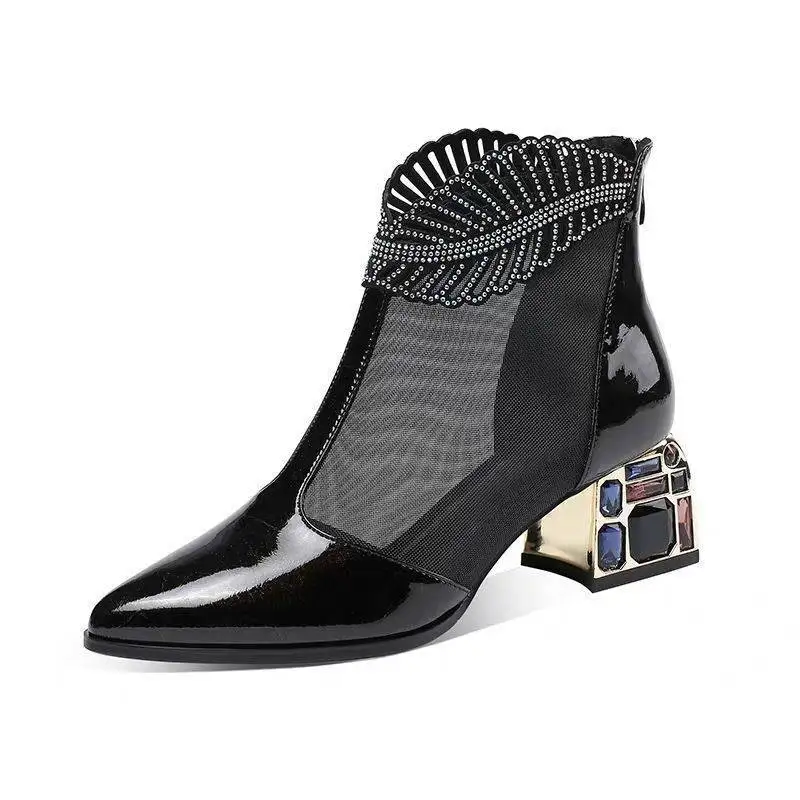 

Pop Boots Women's Middle Heel Hollow Thick Heeled Point Net Yarn Rhinestone Sandals Women's Patent Leather Oversized Net Boots j