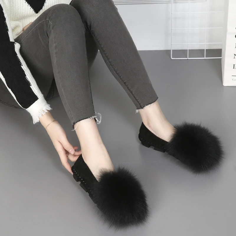 2019 Newest fox fur ball platform shoes women thick bottom moccasins flats comfort plush slip on lazy creepers furry espadrilles | Обувь
