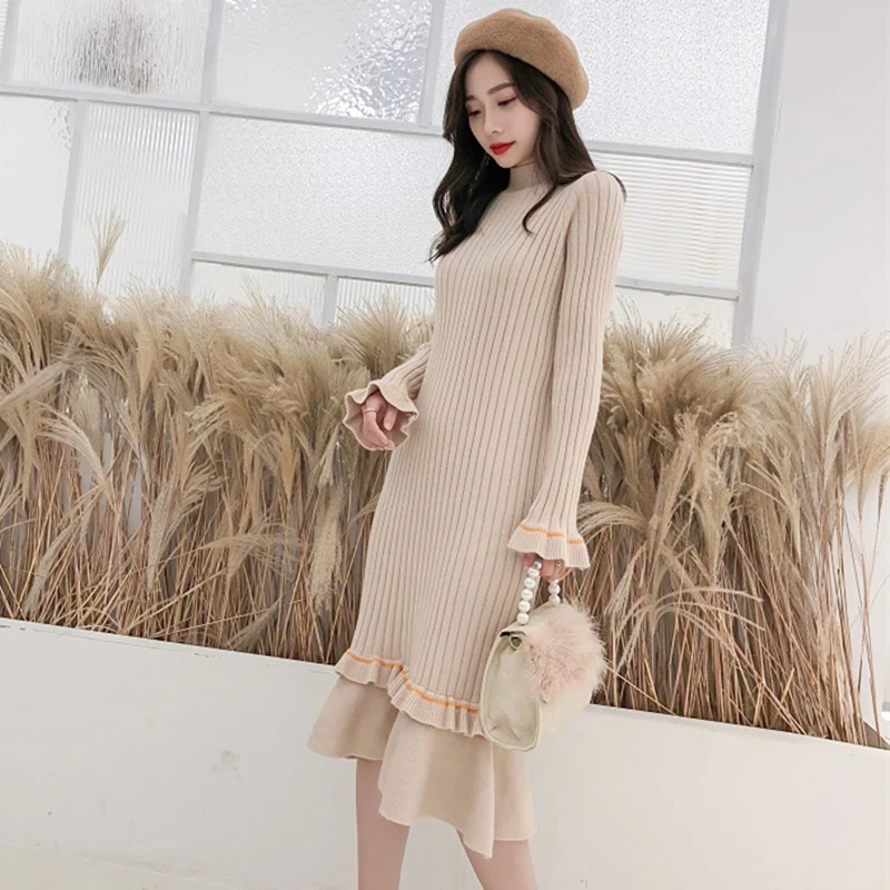 Корейское платье-свитер Модные женские вязаные платья элегантные
