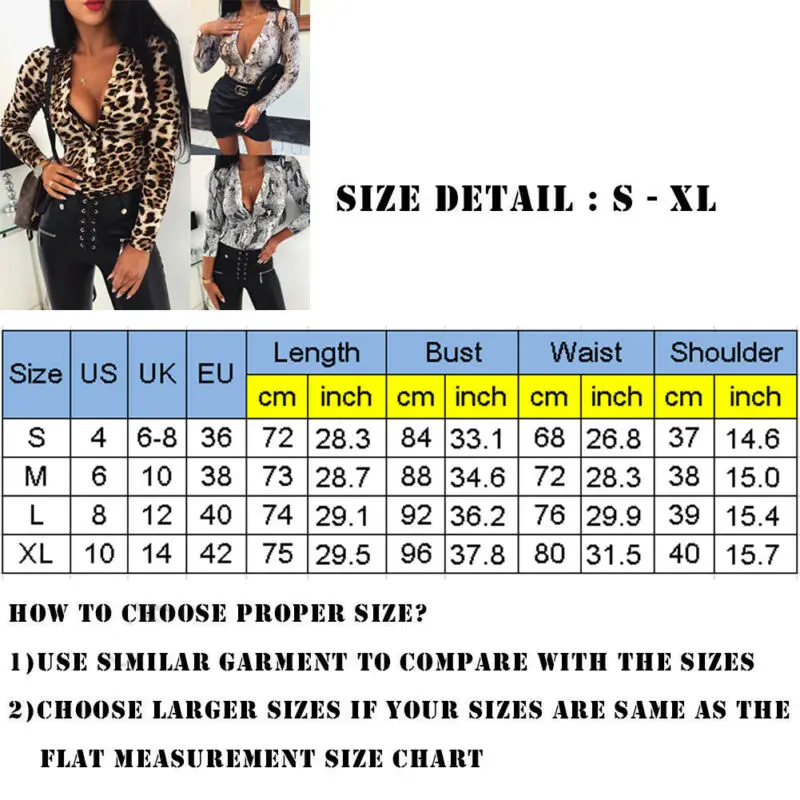 

Hirigin Women Sexy Deep V-Neck Long Sleeve Serpentine Leopard Skin Printed Stretch Slim Thin Bodysuit Fashion High Street Wear